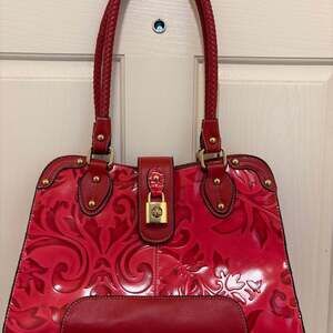 Madi Claire Red Embossed Genuine Leather Satchel Handbag With Feet